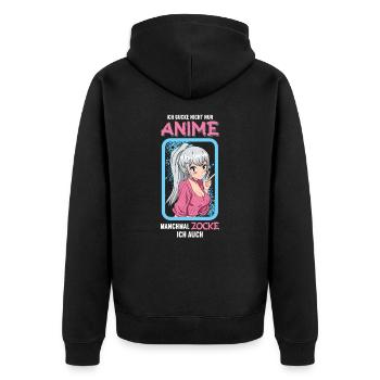 Ich gucke nicht nur Anime manchmal zocke ich auch - Unisex Premium Bio Zip Hoodie - Schwarz - Hinten - Nico (187cm)