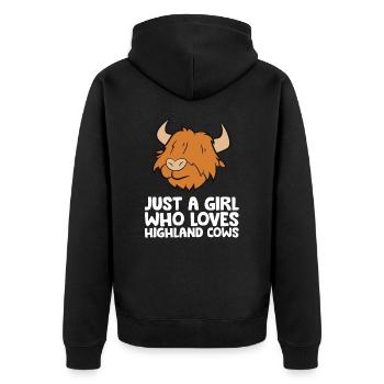 Scottish Highland Cow Just a Girl Who Loves - Unisex Premium Bio Zip Hoodie - Schwarz - Hinten - Nico (187cm)