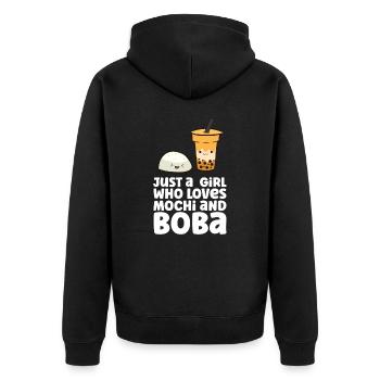 Nur ein Mädchen, das Mochi und Boba liebt - Unisex Premium Bio Zip Hoodie - Schwarz - Hinten - Nico (187cm)