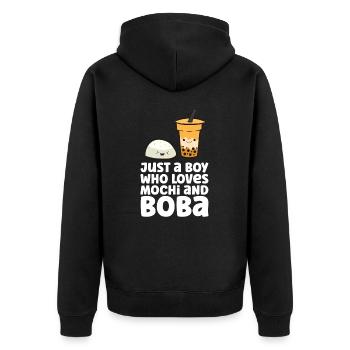 Nur ein Junge, der Mochi und Boba liebt - Unisex Premium Bio Zip Hoodie - Schwarz - Hinten - Nico (187cm)