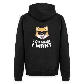 Akita Welpe Ich mache was ich will Lustiger Akita - Unisex Premium Bio Zip Hoodie - Schwarz - Hinten - Nico (187cm)