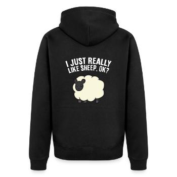 Ich mag Schafe einfach sehr, okay? Schaf Farm - Unisex Premium Bio Zip Hoodie - Schwarz - Hinten - Nico (187cm)