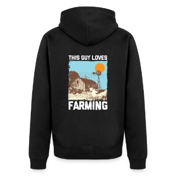 This Guy Loves Farming I Bauer lustig - Unisex Premium Bio Zip Hoodie - Schwarz - Hinten - Nico (187cm)