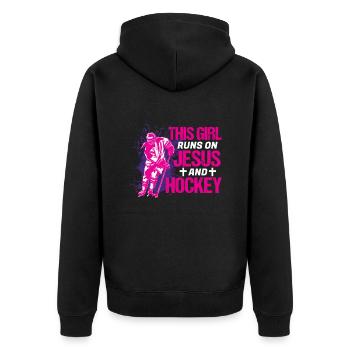 This Girl Runs On Jesus and Hockey - Unisex Premium Bio Zip Hoodie - Schwarz - Hinten - Nico (187cm)