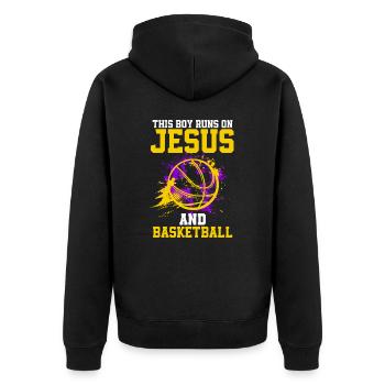 THIS BOY RUNS ON JESUS AND BASKETBALL - Unisex Premium Bio Zip Hoodie - Schwarz - Hinten - Nico (187cm)
