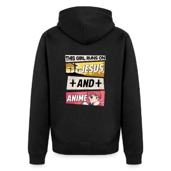 JUST A GIRL WHO RUNS JESUS AND ANIME - Unisex Premium Bio Zip Hoodie - Schwarz - Hinten - Nico (187cm)