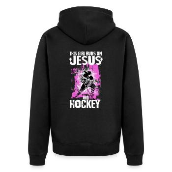 THIS GIRL RUNS ON JESUS AND HOCKEY - Unisex Premium Bio Zip Hoodie - Schwarz - Hinten - Nico (187cm)