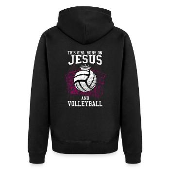 THIS GIRL RUNS ON JESUS AND VOLLEYBALL - Unisex Premium Bio Zip Hoodie - Schwarz - Hinten - Nico (187cm)
