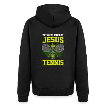 THIS GIRL RUNS ON JESUS AND TENNIS - Unisex Premium Bio Zip Hoodie - Schwarz - Hinten - Nico (187cm)