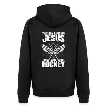 THIS BOY RUNS ON JESUS AND HOCKEY - Unisex Premium Bio Zip Hoodie - Schwarz - Hinten - Nico (187cm)