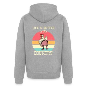 La vie est meilleure à la campagne I Poulets drôle - Veste à capuche bio Premium Unisexe - gris chiné - Dos - Nico (187cm)