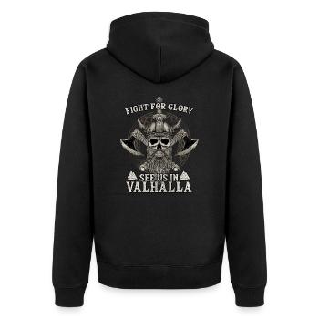 Fight For Glory See Us In Valhalla I Wikinger - Unisex Premium Bio Zip Hoodie - Schwarz - Hinten - Nico (187cm)
