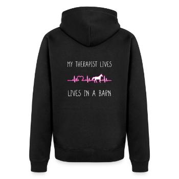 HEARTBEAMYTHERAPISTLIVESINABARN - Unisex Premium Organic Zip Hoodie - black - Back - Nico (187cm)