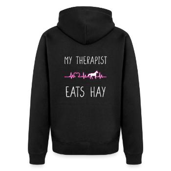 HEARTBEATMYTHERAPISTEASTHAY - Unisex Premium Bio Zip Hoodie - Schwarz - Hinten - Nico (187cm)