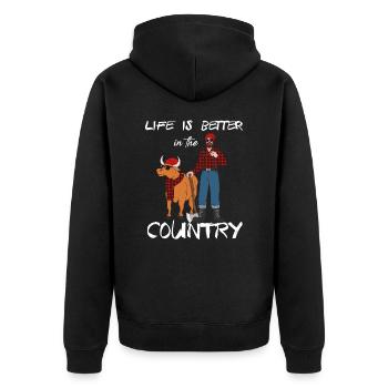 front 70101610704943946 - Unisex Premium Bio Zip Hoodie - Schwarz - Hinten - Nico (187cm)