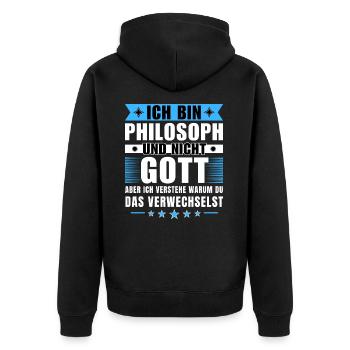 Ich bin Philosoph und nicht Gott - Unisex Premium Bio Zip Hoodie - Schwarz - Hinten - Nico (187cm)