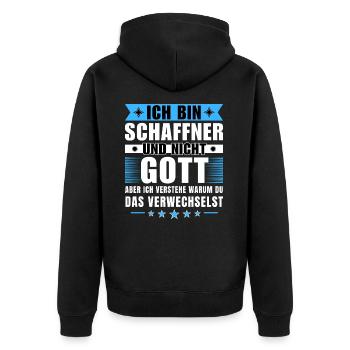 Ich bin Schaffner und nicht Gott - Unisex Premium Bio Zip Hoodie - Schwarz - Hinten - Nico (187cm)