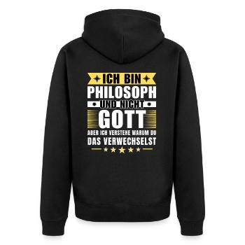 Ich bin Philosoph und nicht Gott - Unisex Premium Bio Zip Hoodie - Schwarz - Hinten - Nico (187cm)