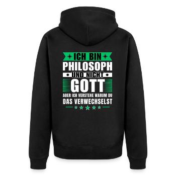 Ich bin Philosoph und nicht Gott - Unisex Premium Bio Zip Hoodie - Schwarz - Hinten - Nico (187cm)