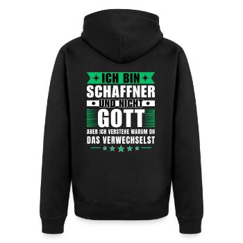 Ich bin Schaffner und nicht Gott - Unisex Premium Bio Zip Hoodie - Schwarz - Hinten - Nico (187cm)
