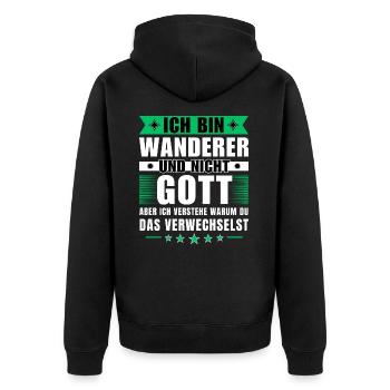 Ich bin Wanderer und nicht Gott - Unisex Premium Bio Zip Hoodie - Schwarz - Hinten - Nico (187cm)