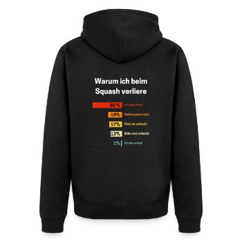 Warum ich beim Squash verliere Squash Spruch - Unisex Premium Bio Zip Hoodie - Schwarz - Hinten - Nico (187cm)