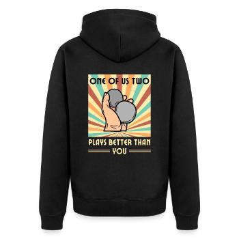 Einer Von Uns Beiden Spielt Besser Boule Als Du - Unisex Premium Bio Zip Hoodie - Schwarz - Hinten - Nico (187cm)