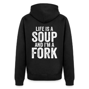 Das Leben Ist Eine Suppe Und Ich Bin Eine Gabel T-Shirts | Komisch - Unisex Premium Bio Zip Hoodie - Schwarz - Hinten - Nico (187cm)