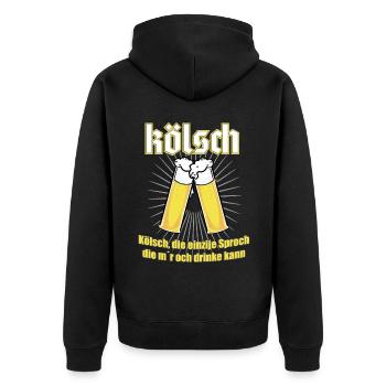 Kölsch T-Shirt - Bier und Mundart aus Köln - Unisex Premium Bio Zip Hoodie - Schwarz - Hinten - Nico (187cm)