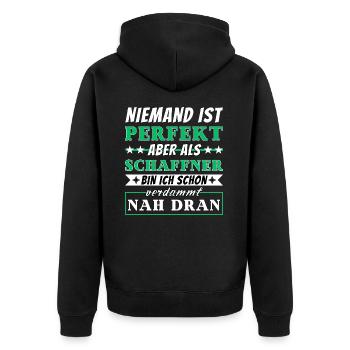 Niemand ist Perfekt - Schaffner sind nah dran - Unisex Premium Bio Zip Hoodie - Schwarz - Hinten - Nico (187cm)