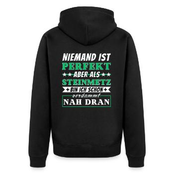 Niemand ist Perfekt - Steinmetze sind nah dran - Unisex Premium Bio Zip Hoodie - Schwarz - Hinten - Nico (187cm)