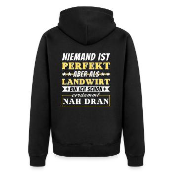 Niemand ist Perfekt - Landwirte sind nah dran - Unisex Premium Bio Zip Hoodie - Schwarz - Hinten - Nico (187cm)