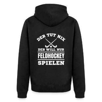 Hockey Hockeyspieler Feldhockey - Unisex Premium Bio Zip Hoodie - Schwarz - Hinten - Nico (187cm)