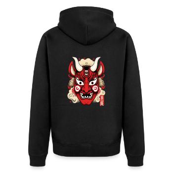 Yokai Demon Mask Hyottoko God of Fire - Unisex Premium Organic Zip Hoodie - black - Back - Nico (187cm)