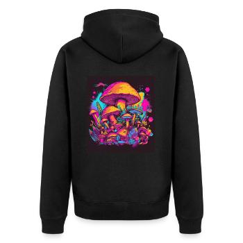 Synthwave Magic Mushrooms - Trippy Retro Art - Unisex Premium Bio Zip Hoodie - Schwarz - Hinten - Nico (187cm)