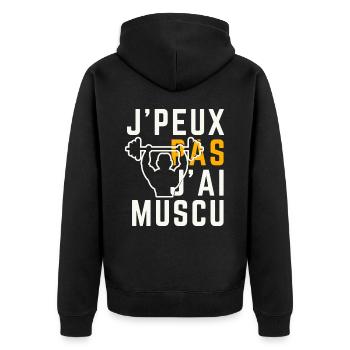 Ich kann nicht, ich habe Krafttraining - Unisex Premium Bio Zip Hoodie - Schwarz - Hinten - Nico (187cm)