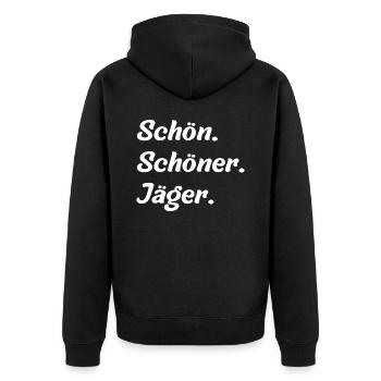 Schön. Schöner. Jäger - Unisex Premium Bio Zip Hoodie - Schwarz - Hinten - Nico (187cm)