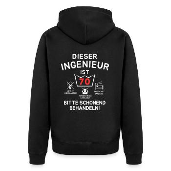 Dieser Ingenieur ist 70. Schonend behandeln - Unisex Premium Bio Zip Hoodie - Schwarz - Hinten - Nico (187cm)