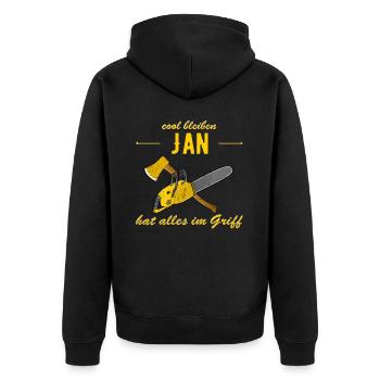 Jan hat alles im Griff - cool bleiben - Unisex Premium Bio Zip Hoodie - Schwarz - Hinten - Nico (187cm)