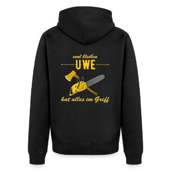 Uwe hat alles im Griff - cool bleiben - Unisex Premium Bio Zip Hoodie - Schwarz - Hinten - Nico (187cm)
