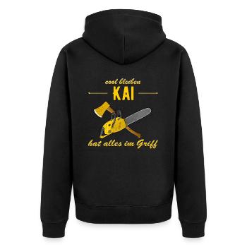 Kai hat alles im Griff - cool bleiben - Unisex Premium Bio Zip Hoodie - Schwarz - Hinten - Nico (187cm)