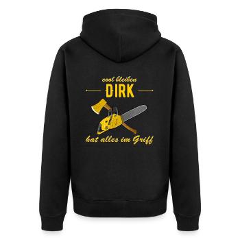 Dirk hat alles im Griff - cool bleiben - Unisex Premium Bio Zip Hoodie - Schwarz - Hinten - Nico (187cm)