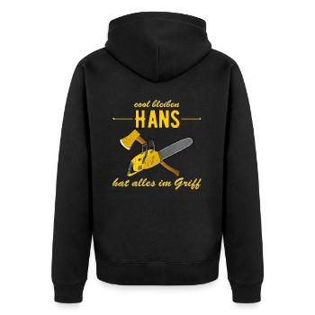 Hans hat alles im Griff - cool bleiben - Unisex Premium Bio Zip Hoodie - Schwarz - Hinten - Nico (187cm)