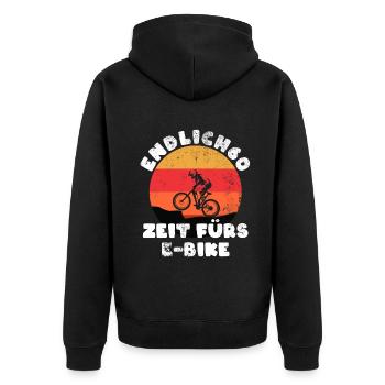 Endlich 60! Zeit fürs E-Bike, Fahrrad Fahrer - Unisex Premium Bio Zip Hoodie - Schwarz - Hinten - Nico (187cm)