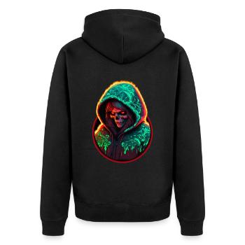 Bloodheavy Neon Acid Matroschka Dämon - Unisex Premium Bio Zip Hoodie - Schwarz - Hinten - Nico (187cm)