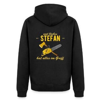 Stefan hat alles im Griff - cool bleiben - Unisex Premium Bio Zip Hoodie - Schwarz - Hinten - Nico (187cm)