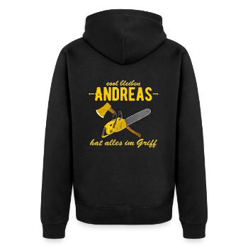 Andreas hat alles im Griff - cool bleiben - Unisex Premium Bio Zip Hoodie - Schwarz - Hinten - Nico (187cm)