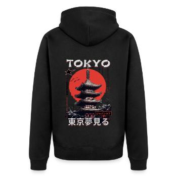 Tokio Japan Pagode Stadt Skyline Sonne Berg - Unisex Premium Bio Zip Hoodie - Schwarz - Hinten - Nico (187cm)