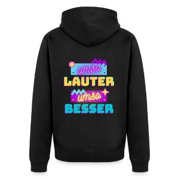 umso lauter umso besser - Unisex Premium Bio Zip Hoodie - Schwarz - Hinten - Nico (187cm)