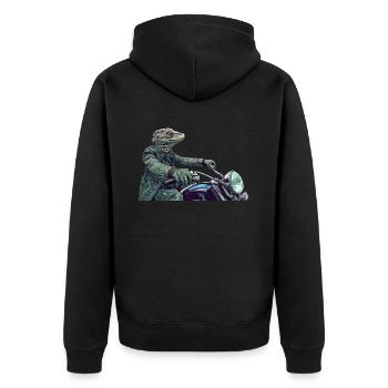 Reptil in Grün auf einem Motorrad - Unisex Premium Bio Zip Hoodie - Schwarz - Hinten - Nico (187cm)